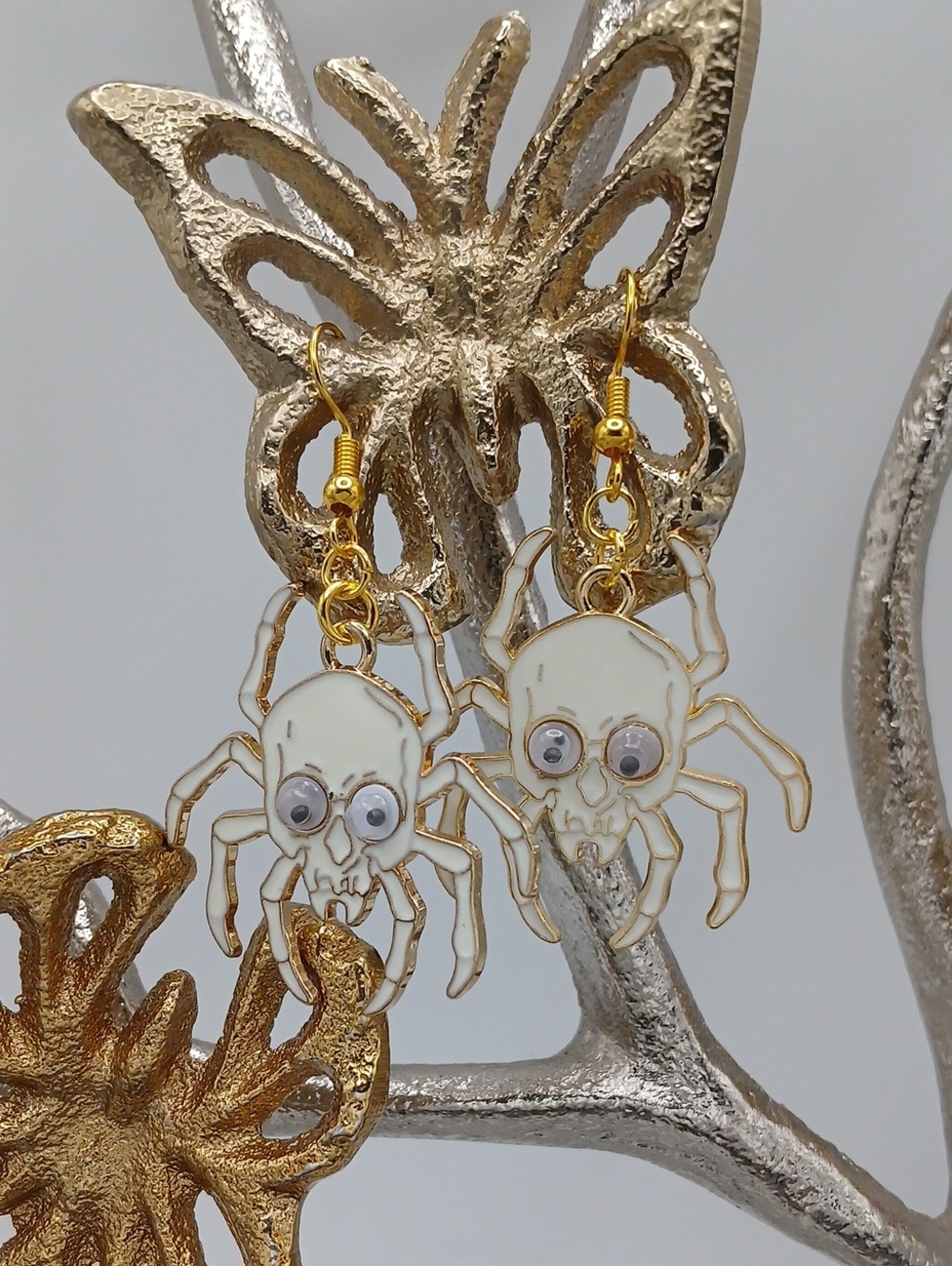 Gold & White Spider Dangle Earrings with Googly Eyes